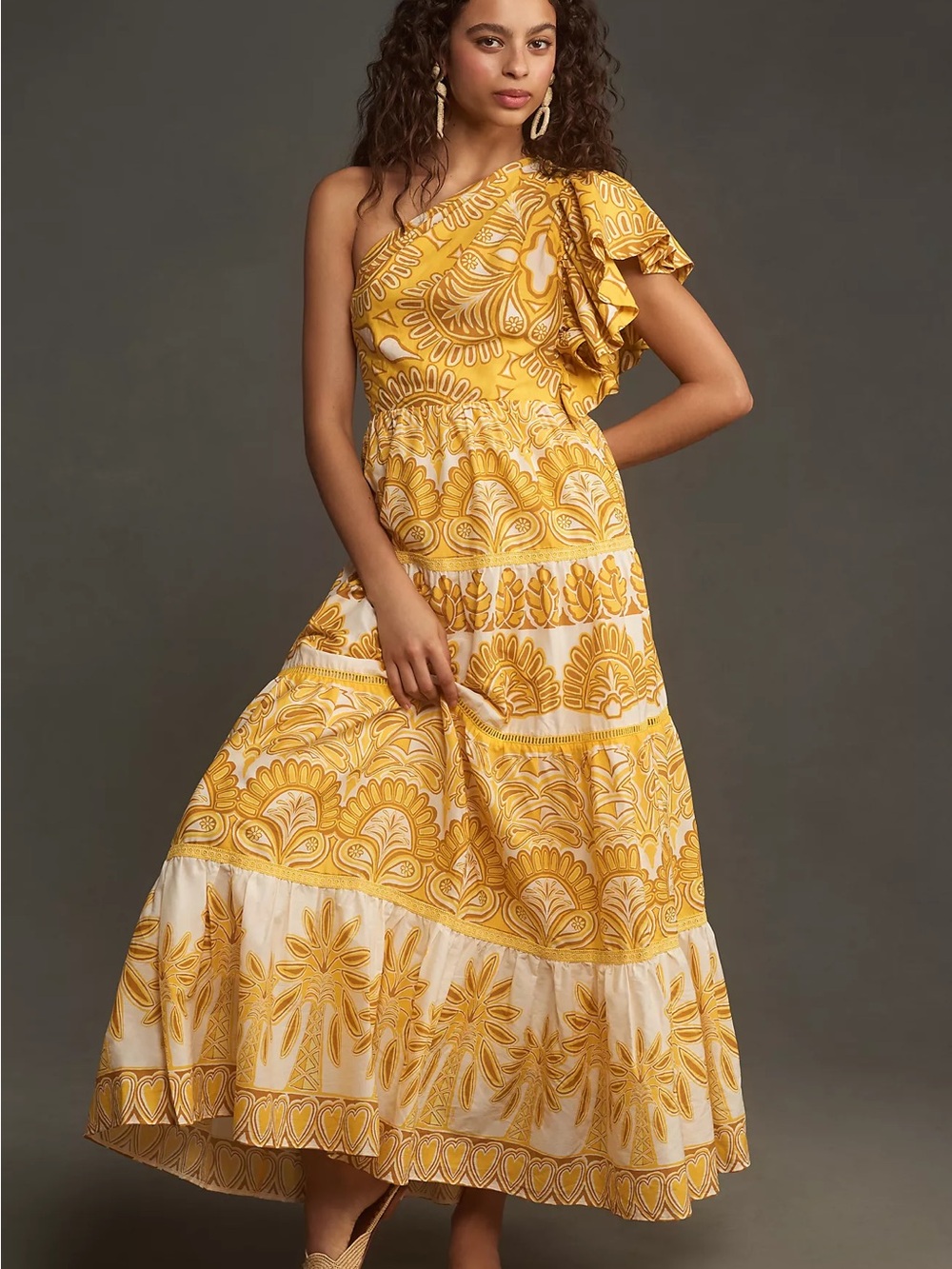 Anthropologie Farm Rio Ainika Yellow Tapestry One Shoulder Maxi Dress